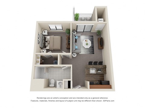 Floor plan for 1 bed, 1 bath, 617 sqft